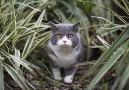 chat dehors feuilles
